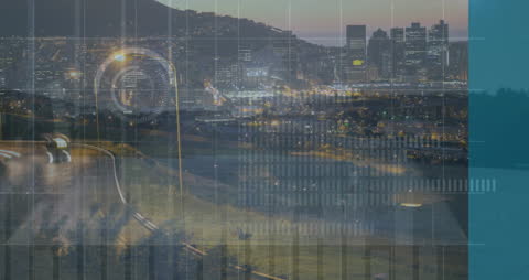 Financial Data Stream Across Urban Skyline Compilation