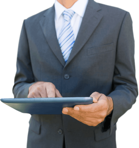 Businessman in suit using tablet transparent background