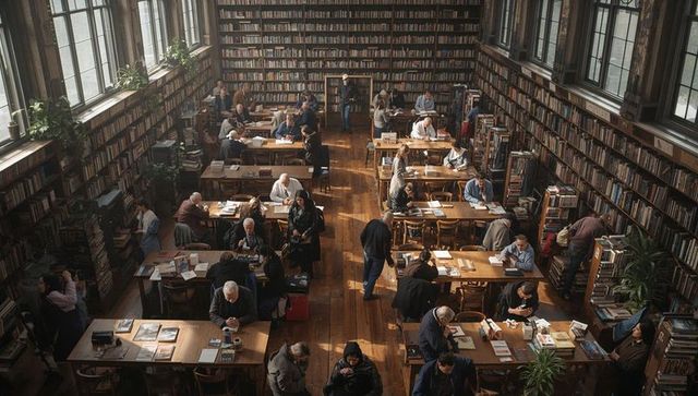 Historic University Library with Students Studying at Long Wooden Tables, Natural Light