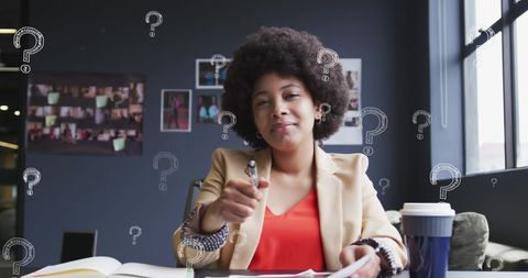 Confused Businesswoman in Office with Question Marks Overlay - Download Free Stock Images Pikwizard.com