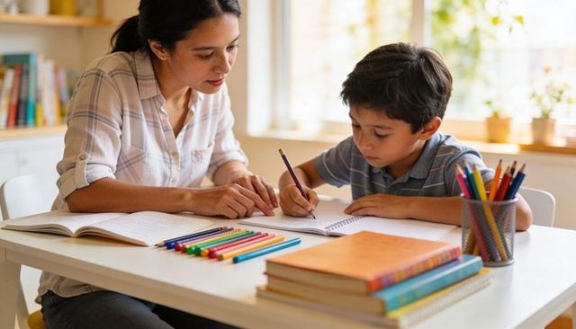 Woman guiding young boy with homework at home desk, tutoring and focused writing in daylight