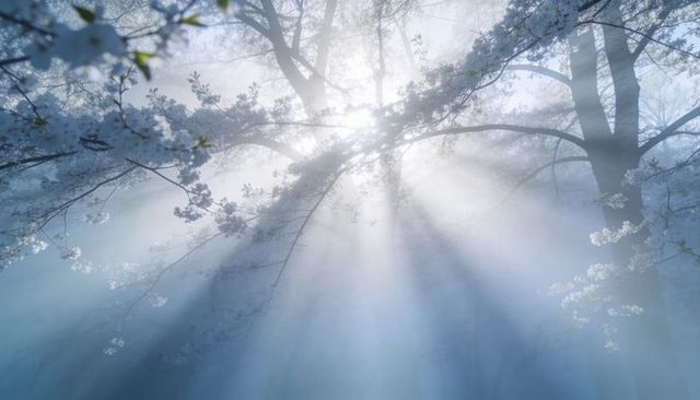 Filtering sunlight through misty blossom branches in ethereal spring forest