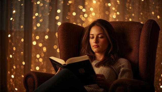 Reading in cozy wingback chair wearing knit sweater with warm fairy lights glow