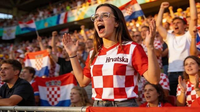 Croatian fan cheering passionately in checkered hrvatska jersey at sunlit packed stadium