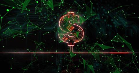 Neon dollar sign with circuitry and green node mesh illustrating digital currency network