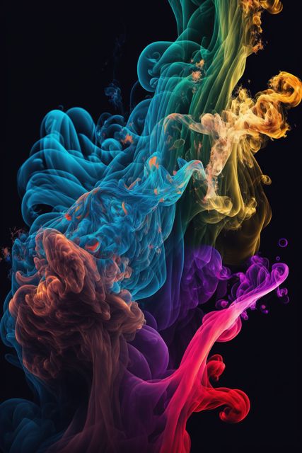 Bright, multicolored ink creates swirling vortex in water. Useful for creative projects, artistic backgrounds, digital art embellishments, or design elements.