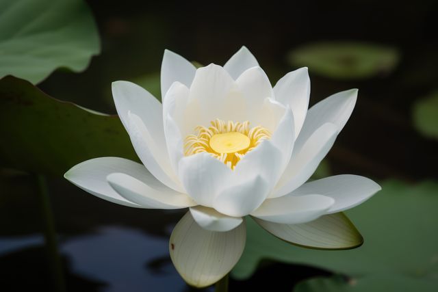 Serene close-up of a white lotus flower in full bloom, showcasing delicate petals and yellow center against dark water. Ideal for nature and botanical themes, spa and wellness promotions, and meditation and relaxation content.