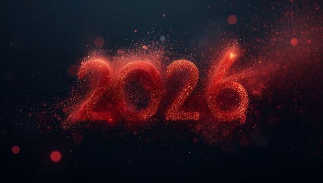 2026 glowing red particle numerals forming dynamic neon sparks and cinematic motion