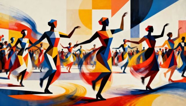 Dancing cubist figures spinning in vibrant colorblock festival scene
