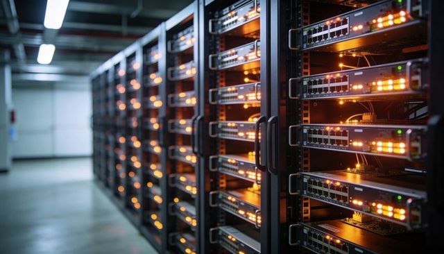 Running server racks glowing with blinking led network switches in modern data center aisle