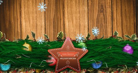 Christmas Star Tag with Festive Decorations on Rustic Wooden Background