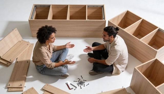 Couple Collaborating on Modular Wood Cabinet Assembly Sitting on Floor Planning DIY Project