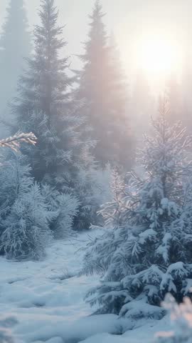 Drifting Through Misty Snow-Laden Fir Forest at Dawn, Warm Sun Peeking Through Fog