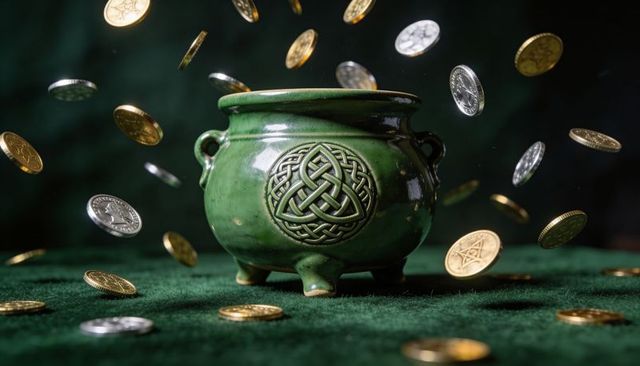 Celtic knot cauldron with floating gold and silver coins on emerald felt
