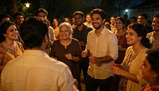 Indian family celebrating outdoors at night smiling and dancing under warm hanging bulbs