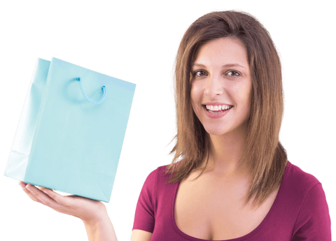 Smiling Woman Holding Blue Gift Bag Transparent Background
