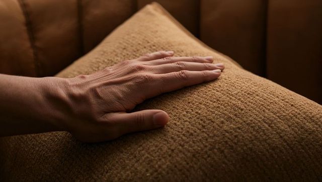 Right hand resting on textured brown cushion on couch showing veins and skin detail