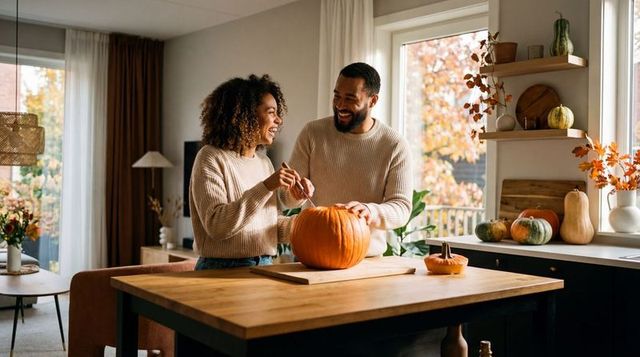Couple carving pumpkin in cozy autumn kitchen wearing matching sweaters, fall decor