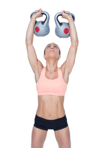 Strong woman lifting kettlebells on transparent background