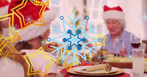 Festive Family Christmas Dinner with Santa Hats and Decorations