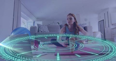 Caucasian Woman Practicing Yoga with Digital Interface Overlay