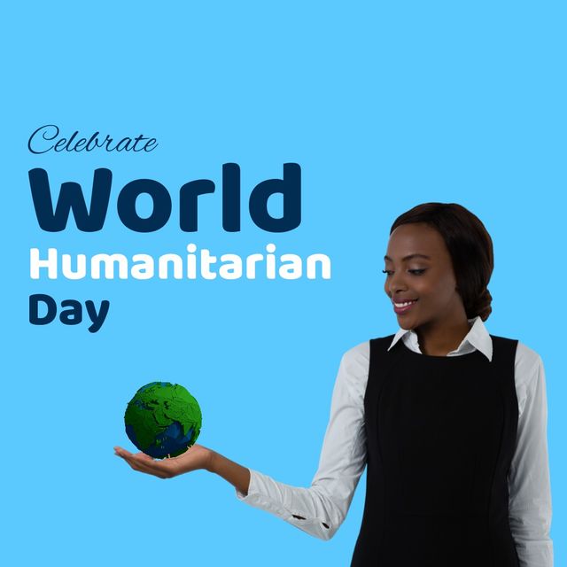 This stock photo depicts an African American woman holding a globe in her hand, referenced against a blue background with the text 'Celebrate World Humanitarian Day.' Perfect for use in campaigns and promotions related to World Humanitarian Day, humanitarian efforts, global awareness events, social good initiatives, and unity. Can be used by nonprofits, educational institutions, and social organizations to encourage participation and compassion for global humanitarian efforts.