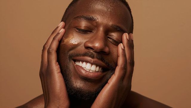 Smiling man cupping face applying moisturizer showing hydrated glowing skin closeup
