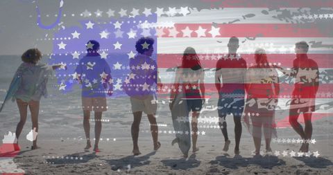 Flag of USA with Happy Friends on Beach Symbolizing Patriotism and Diversity