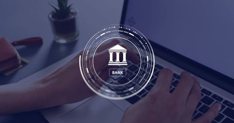 Digital banking concept with bank icon on laptop interface