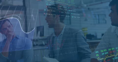 Business Meeting Analyzing Financial Data with Digital Statistics Overlay