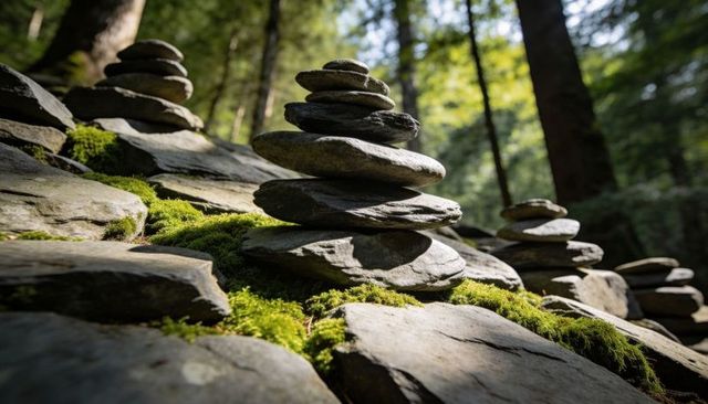 Stacked stone cairn catching dappled morning sunlight on mossy flagstones in temperate forest