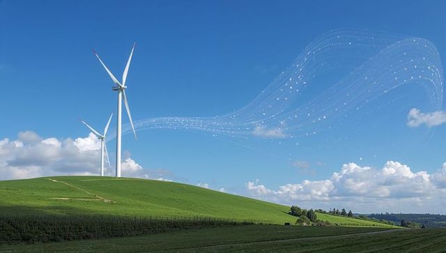Wind turbines standing on green hill generating clean energy, particle wind trail across sky