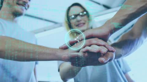 Diverse Teamwork with Clock Overlay and Data Graphics