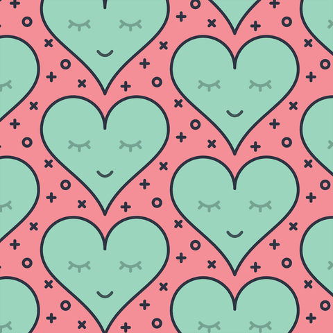 Pink and green hearts seamless pattern on transparent background