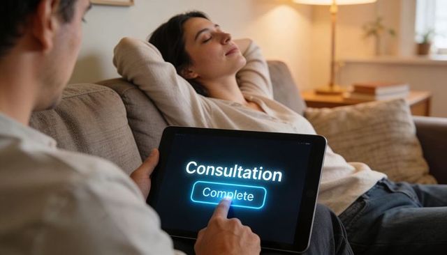 Reclining Client on Sofa with Counselor Tapping Tablet Showing Consultation Complete