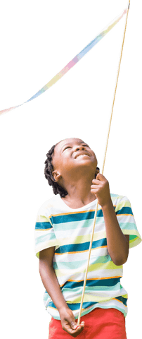 Joyful young boy holding vibrant rainbow ribbon transparent background