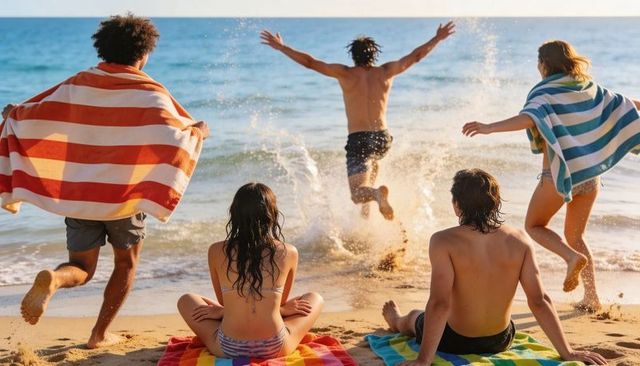 Friends jumping into surf on sunlit beach with colorful striped towels and summer swimwear