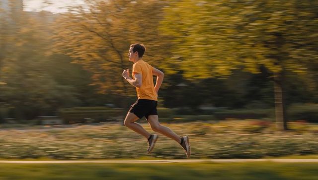 Young Man Running Through Park in Autumn