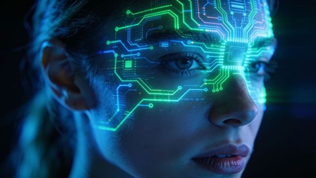 Neon circuit hologram on female face, cyberpunk ai portrait with futuristic overlay