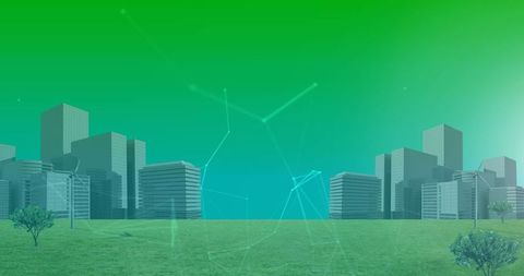 Futuristic Cityscape with Digital Connections on Green Background