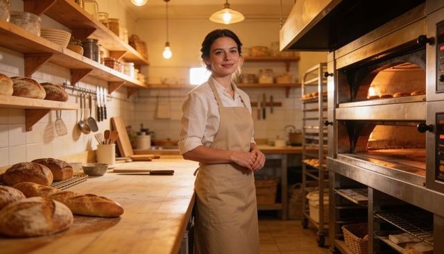 Female baker standing behind rustic wooden counter with artisan bread and warm ovens