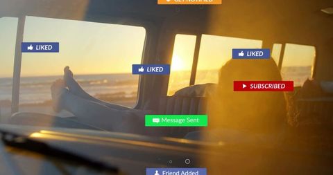 Woman Enjoys Ocean Sunset in Van with Social Media Interactions