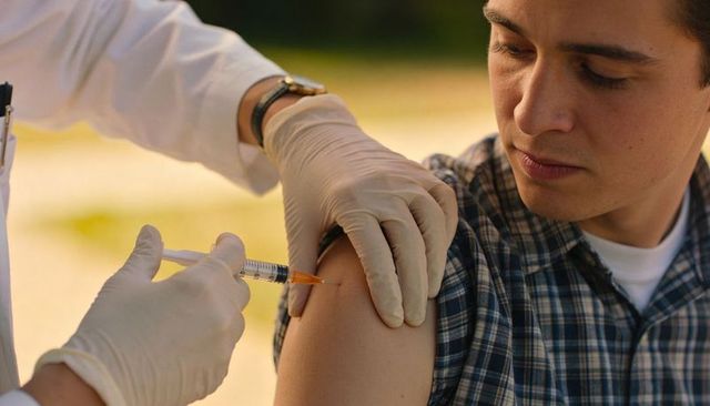 Clinician administering vaccine outdoors to young man in plaid shirt