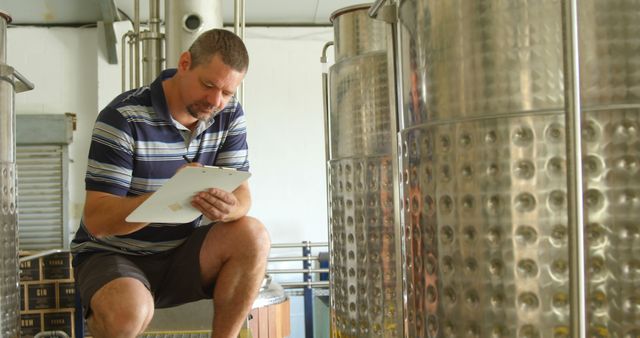 Caucasian man reviews production notes in a brewery. His focus on quality control underscores the importance of precision in the brewing process.