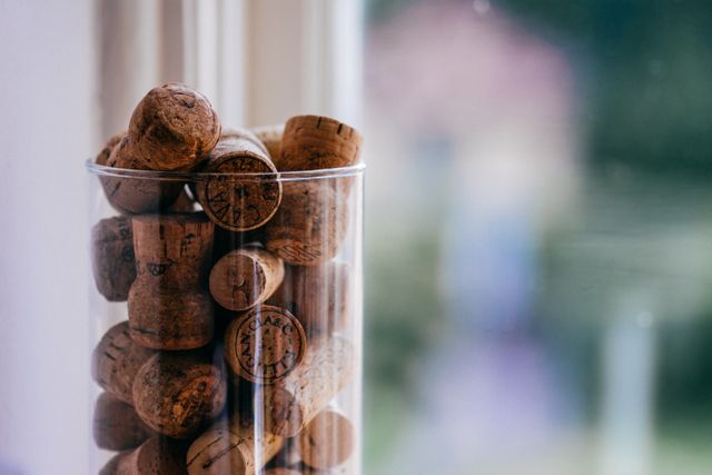 Glass container holds numerous cork stoppers and is placed near window allowing natural light to highlight the cork textures. Ideal for concepts involving wine, champagne, home decor ideas, recycling, sustainability, party commemorations.