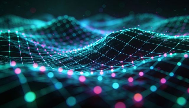 Neon data wave flowing digital wireframe mesh with glowing nodes, ai tech bokeh depth