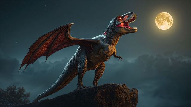 Winged reptile roaring under full moon on cliff