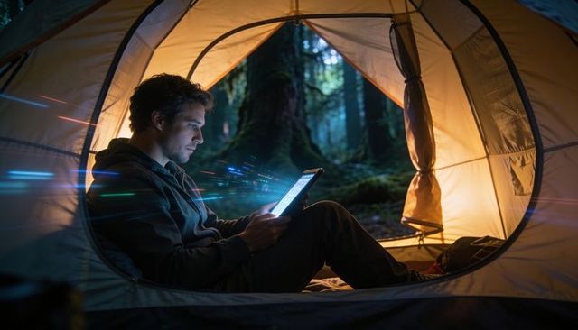 Man using tablet inside lit tent at night in forest camping solitude and digital glow