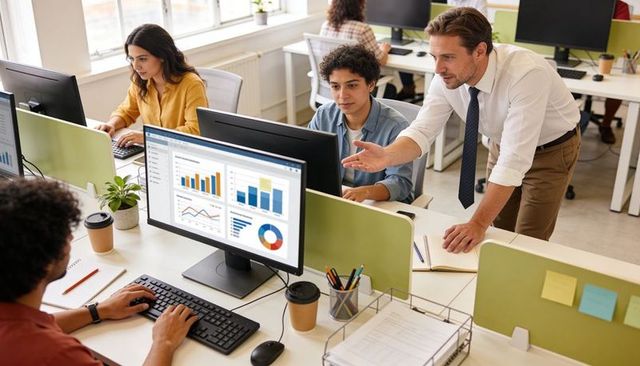 Manager leaning over desk gesturing at analytics dashboard while team collaborating