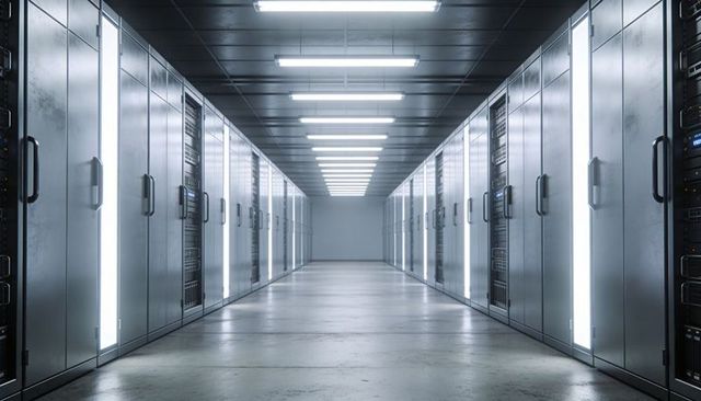 Server rack corridor showing diagnostic streams and glowing led panels in futuristic datacenter